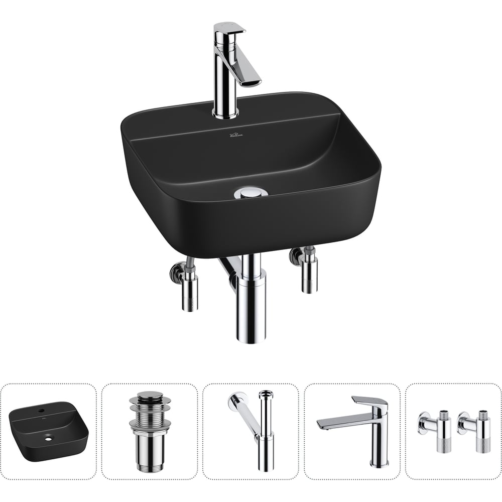 Изображение товара Набор Wellsee 5 в 1 Preen накладная раковина 40x40 см матовый черный
