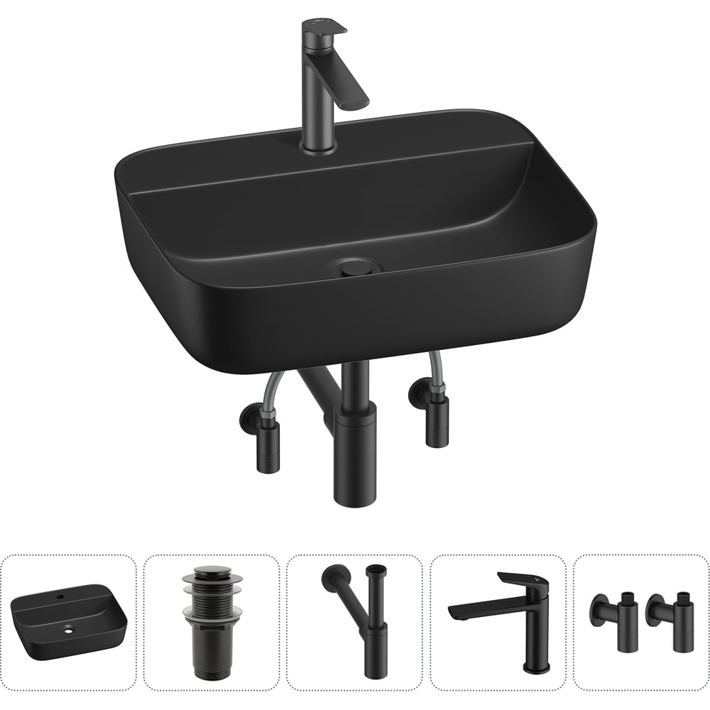 Изображение товара Набор раковина из фарфора и аксессуары Wellsee Preen 50x40 см матовая черная
