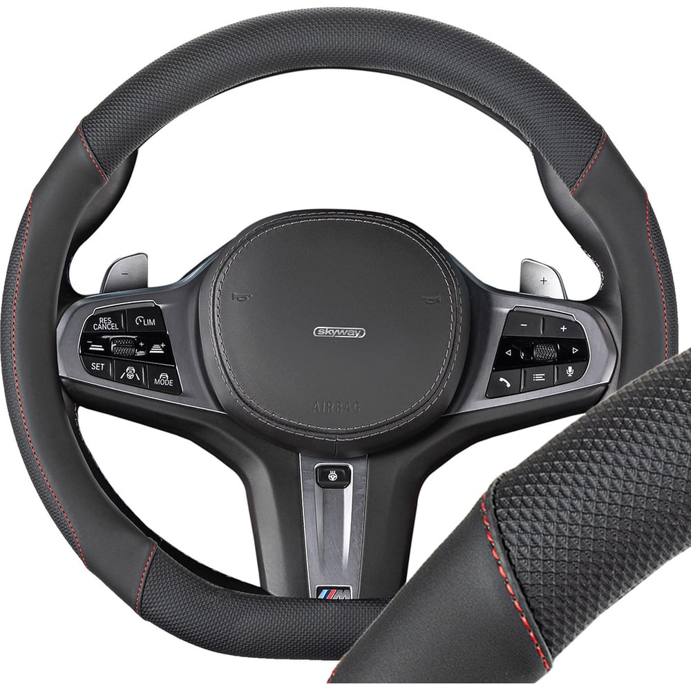 Изображение товара Оплетка SKYWAY D-тип из экологичной кожи M черная с красной строчкой