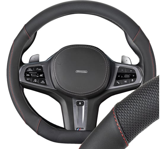 Изображение товара Оплетка SKYWAY D-тип экокожа M (37-39 см) Design Drift-7, черная, красная строчка S01102538