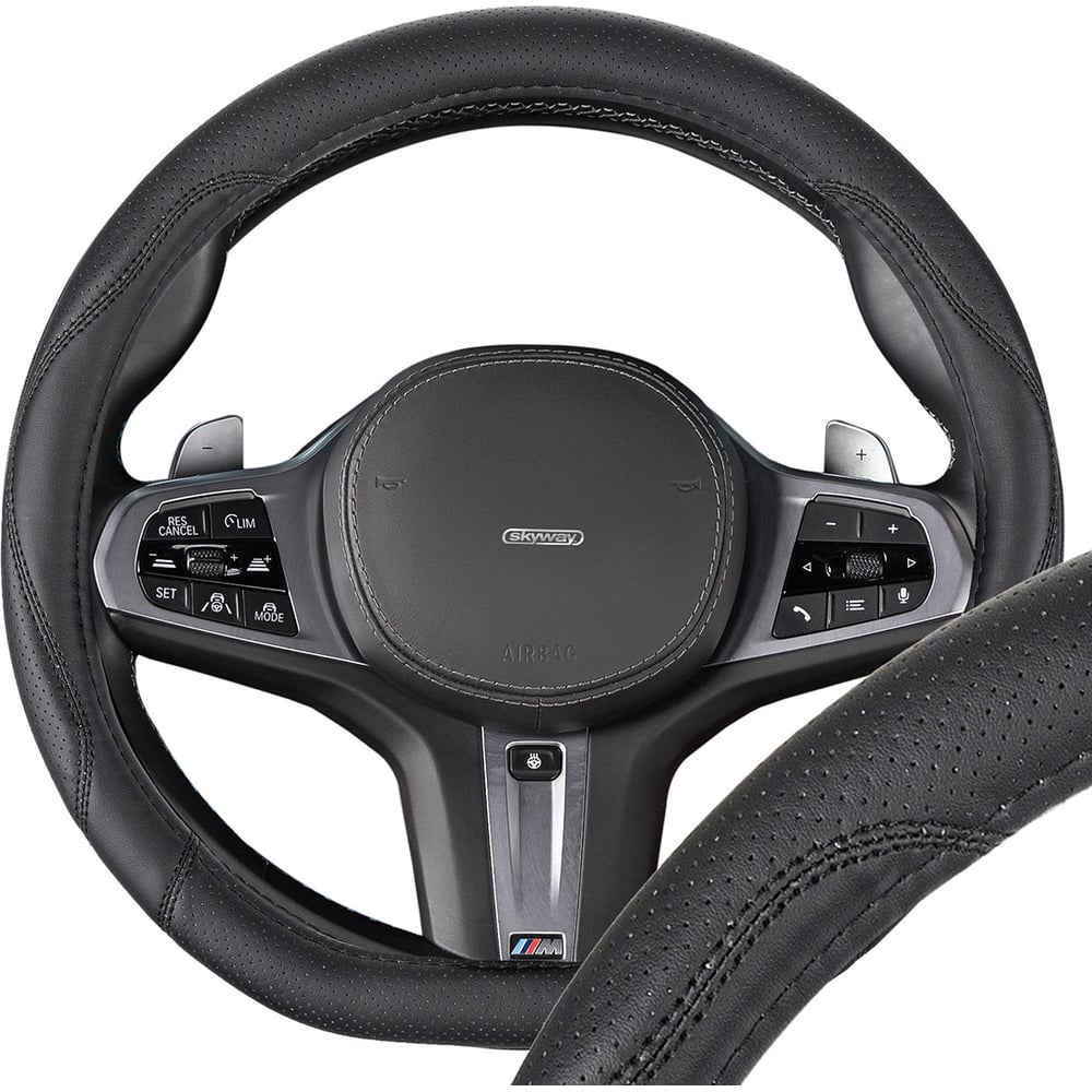 Изображение товара Оплетка SKYWAY D-тип из эко-кожи для руля черная 37-39 см Design Drift-6