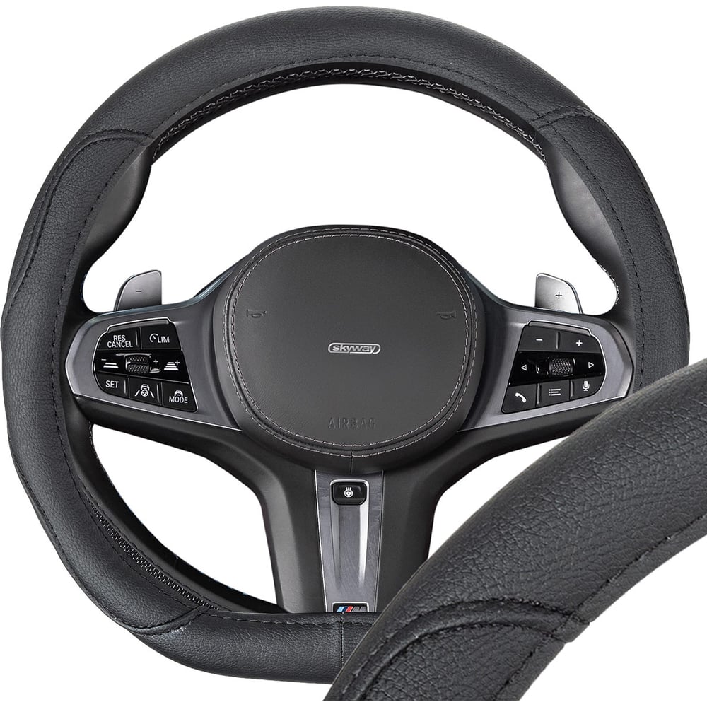 Изображение товара Оплетка SKYWAY D-тип из экокожи черная S для автомобиля 35-37 см