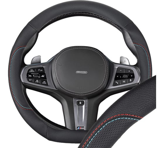 Изображение товара Оплетка SKYWAY D-тип экокожа/искусственная замша M (37-39 см) Design Drift-8, черная, красная/голубая строчка S01102541