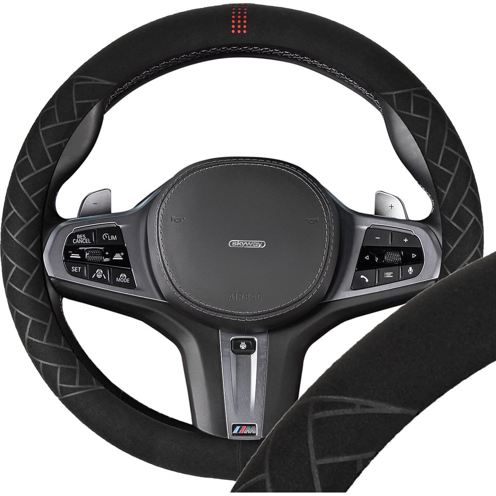 Изображение товара Оплетка SKYWAY искусственная замша M (черная/красная) Design Hit-5