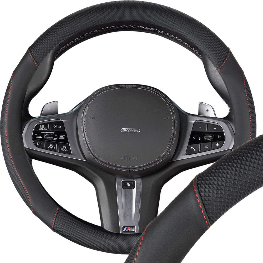 Изображение товара Оплетка SKYWAY экокожа M 37-39 см Design Combo-15 черная с красной строчкой