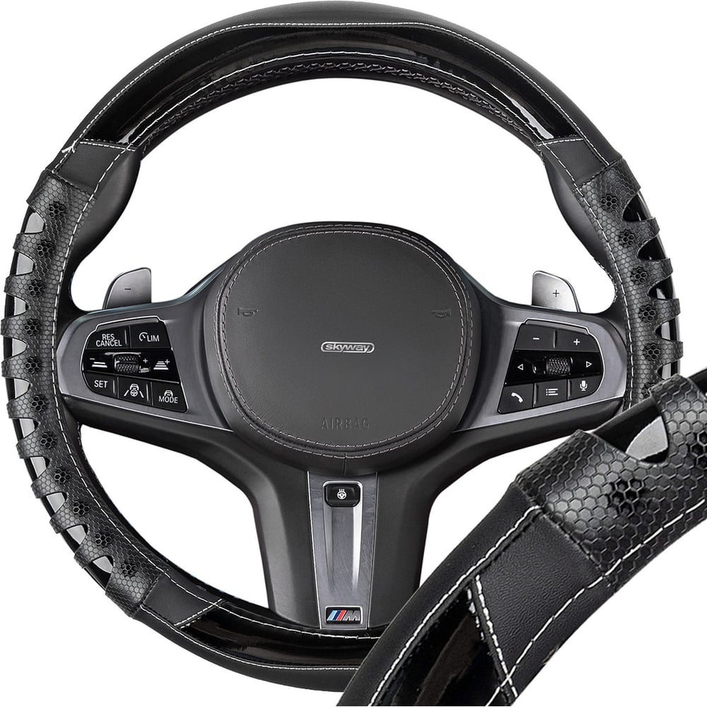 Изображение товара Оплетка SKYWAY из экокожи для руля 37-39 см, черная с белой строчкой, M