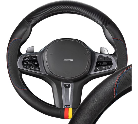 Изображение товара Оплетка SKYWAY экокожа/ПВХ M (37-39 см) Mix Bavaria-1 черная/красная/желтая, красная/синяя строчка S01102525