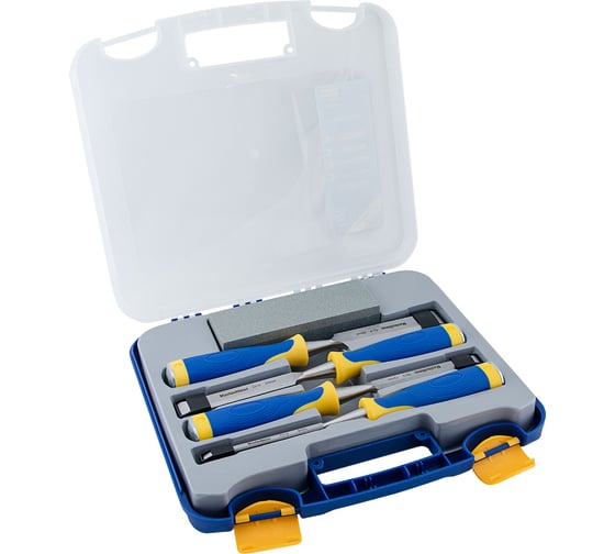 Изображение товара Набор стамесок МастерАлмаз в пластиковом кейсе 6/12/20/26 мм+точильный камень 10507101