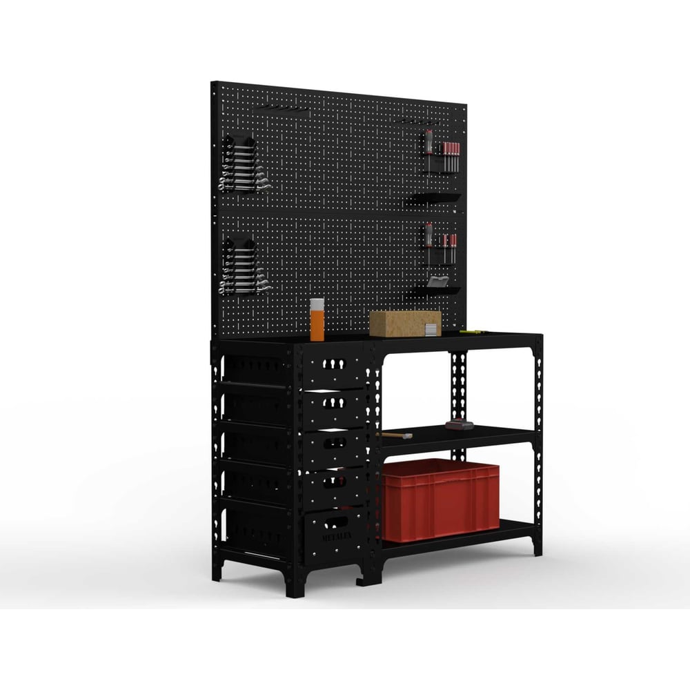 Изображение товара Стол-верстак ООО Металекс 950x1400x400 с двойной перфопанелью и аксессуарами черный