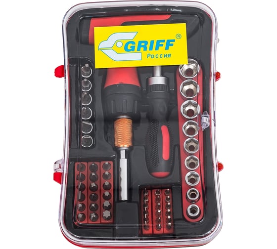 Изображение товара Реверсивная отвертка GRIFF 53 предмета, торцевые головки, биты, вставки 031286