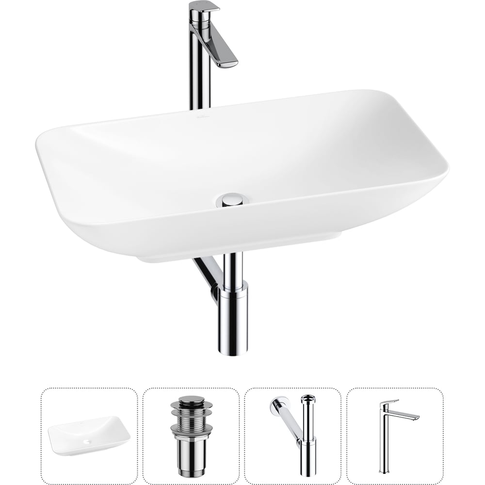 Изображение товара Набор Wellsee 4 в 1 Demure накладная раковина 60x36 см с смесителем и сифоном