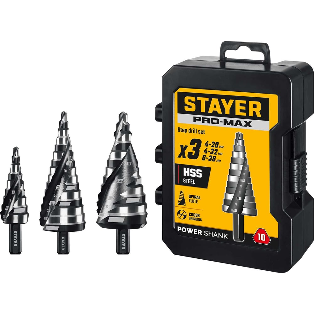 Изображение товара Набор сверл ступенчатых STAYER Pro-Max 3 шт 4-38 мм металл HSS упаковка футляр