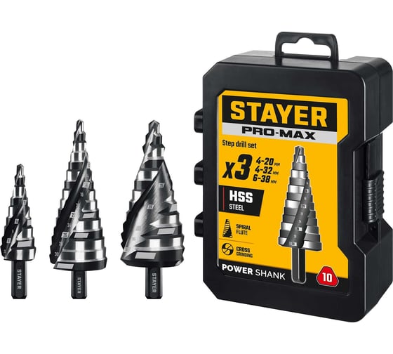 Изображение товара Набор сверл ступенчатых STAYER Pro-Max 3 шт, 4-38мм, винтовая спираль 29661-4-38-H3