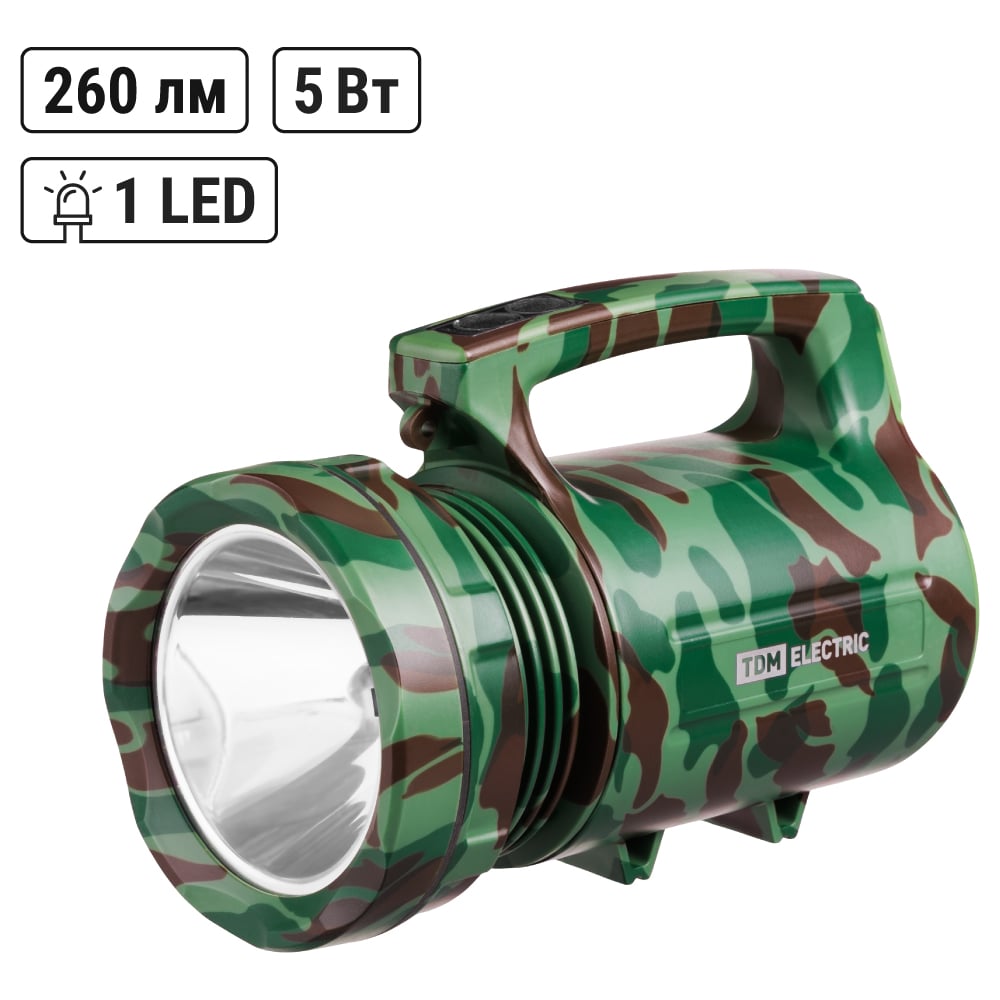 Изображение товара Фонарь TDM ELECTRIC Тактика 3, прожектор аккум., 1 LED 5 Вт CREE, 260 лм, Li-Ion 4 А*ч, SQ0350-0052