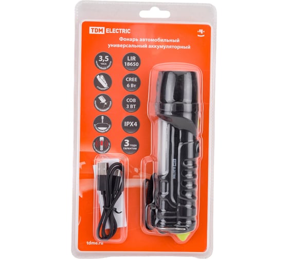 Изображение товара Фонарь TDM ELECTRIC автомоб. универс., 6 Вт CREE+3 Вт COB,1x18650 2200 мА*ч, магн., стропорез, SQ0350-0058