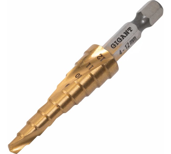 Изображение товара Сверло ступенчатое 4-12 мм, шаг 1. HSS, спиральный проф. Gigant GSD 11058