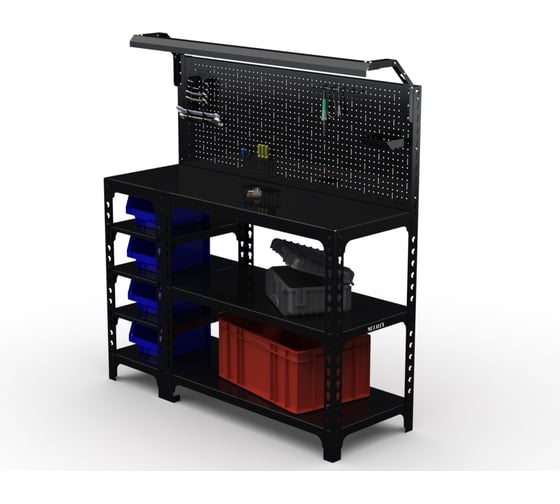 Изображение товара Стол-верстак ООО Металекс серия SUN 950x1300x500, с боковыми полками, перфопанелью и комп. освещения, чёрный 117346