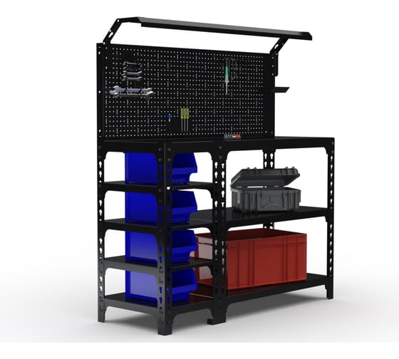 Изображение товара Стол-верстак ООО Металекс серия SUN 950x1500x400, с боковыми полками, перфопанелью и комп. освещения, чёрный 117339