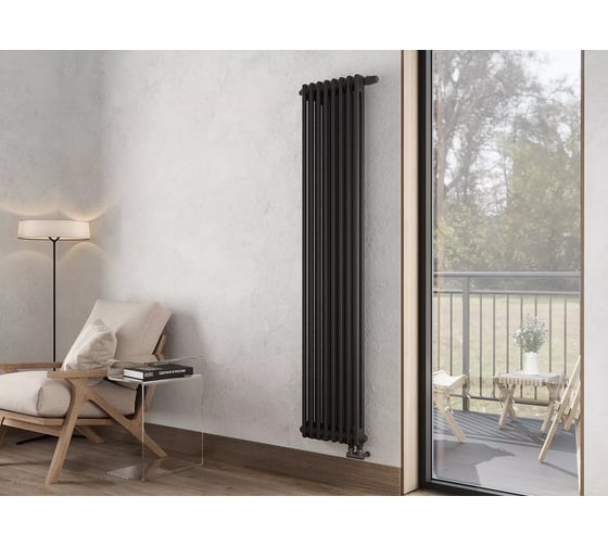 Изображение товара Вертикальный трубчатый радиатор GUARDO Nova Siluet, двухтрубный, 1800x290 мм, 6 секций, нижнее с вентилем подключение NS-T2 1800 6 BV R9005(M)