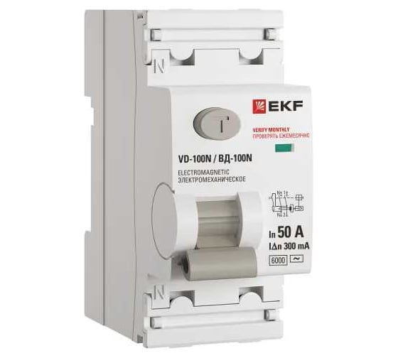 Изображение товара Выключатель дифференциального тока EKF PROXIMA ВД-100N 2P 50А 300мА тип AC эл-мех 6кА E1026M50300