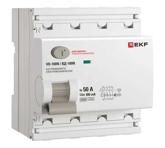 Изображение товара Выключатель дифференциального тока EKF PROXIMA ВД-100N 4P 50А 300мА A эл-мех 6кА E1046MA50300