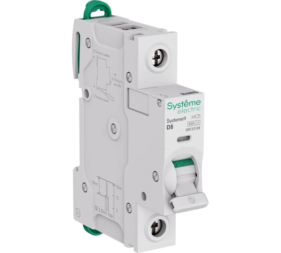 Изображение товара Автоматический выключатель Systeme Electric Systeme9 (АВ) D, 8A, 1P, 6kA 230В S9F23108