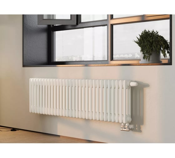 Изображение товара Горизонтальный трубчатый радиатор GUARDO Nova Siluet, трехтрубный, 300x560 мм, 12 секций, нижнее с вентилем подключение NS-T3 300 12 BV R9016(M)