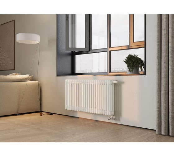 Изображение товара Горизонтальный трубчатый радиатор GUARDO Nova Siluet, трехтрубный, 575x470 мм, 10 секций, нижнее с вентилем подключение NS-T3 570 10 BV R9016(M)