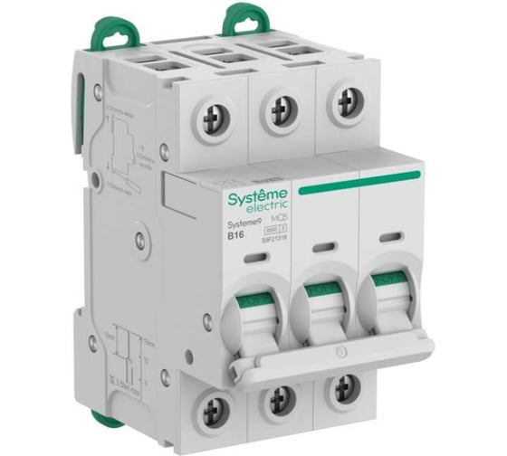 Изображение товара Автоматический выключатель (АВ) Systeme Electric Systeme9 хар-ка B, 16 A, 3 P, 6 kA, 400 В S9F21316