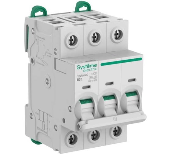 Изображение товара Автоматический выключатель (АВ) Systeme Electric Systeme9 хар-ка B, 20 A, 3 P, 6 kA, 400 В S9F21320