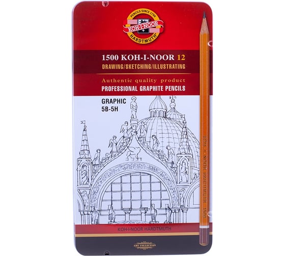 Изображение товара Набор чернографитных карандашей Koh-I-Noor 1500 Graphic, 12 шт, 5B-5H, заточенные, металлический пенал 1502012009PLRU