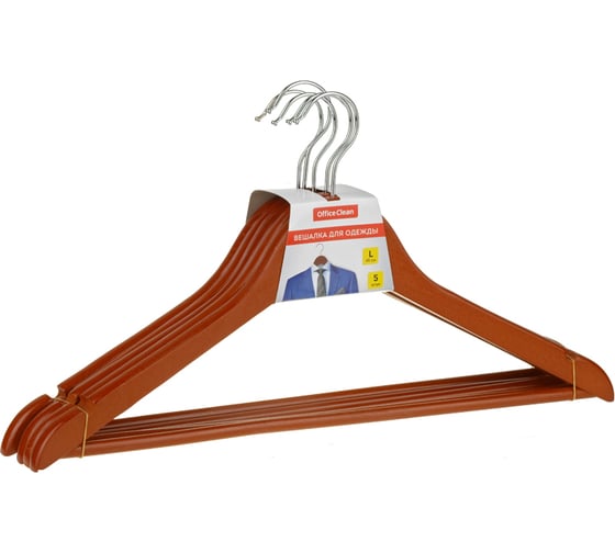 Изображение товара Деревянная вешалка-плечики OfficeClean набор 5 шт, с перекладиной, 45 см, цвет вишня 280586