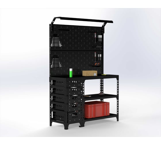 Изображение товара Стол-верстак ООО Металекс серия SUN 950x1600x500, с боковой тумбой, 2-мя панелями и комплектом освещения, чёрный 117407