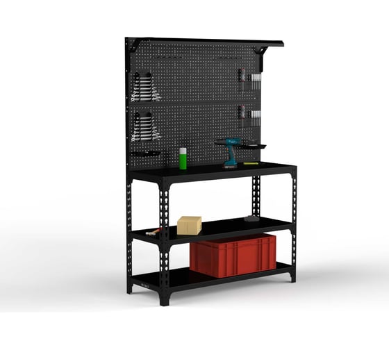 Изображение товара Стол-верстак ООО Металекс серия SUN 950x1500x500, 2-е полки, двойная перфопанель с комплектом освещения, чёрный 117426