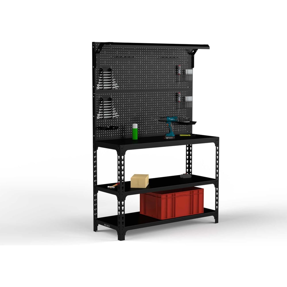 Изображение товара Стол-верстак ООО Металекс серия SUN 950x1800x400 с полками и перфопанелью черный