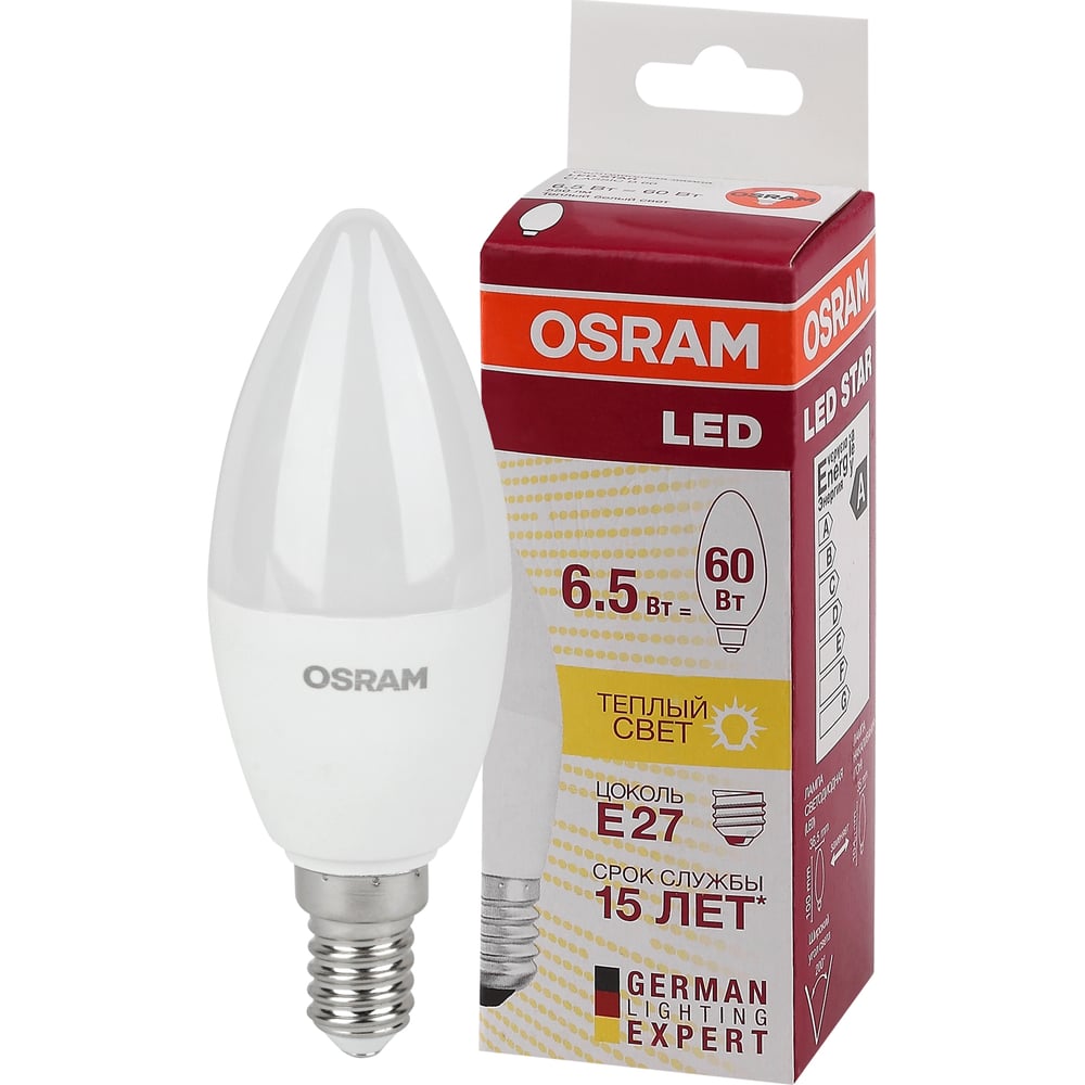 Изображение товара Светодиодная лампа Osram LED STAR B свеча 6.5Вт E14 теплый белый свет 550 Лм