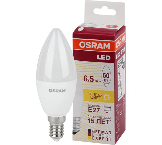 Изображение товара Светодиодная лампа Osram LED STAR B Свеча 6.5Вт E14 550 Лм 2700 К Теплый белый свет 4058075134171
