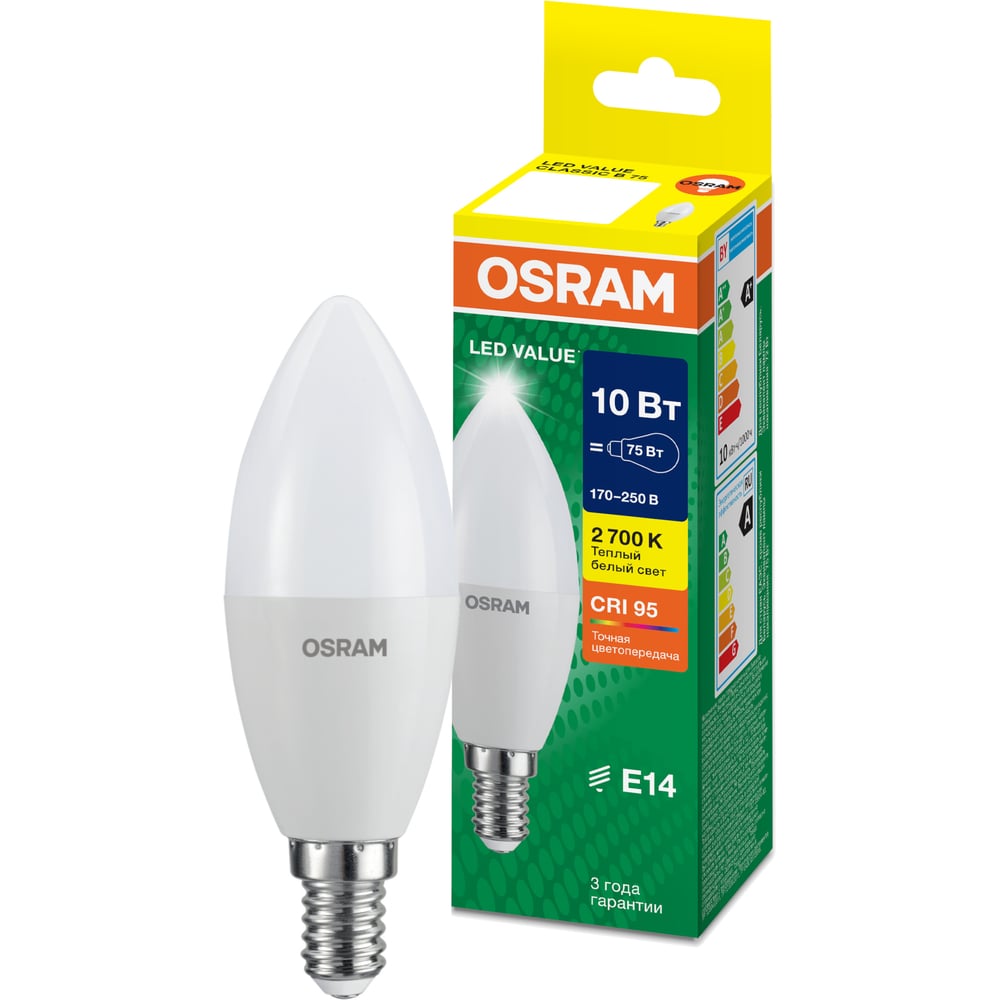 Изображение товара Лампа светодиодная Osram LED Value B E14 1000лм 10Вт замена 75Вт 2700К теплый белый свет 4058075579125