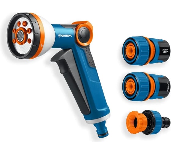Изображение товара Набор поливочный GRINDA PROLine Х-834 пистолет поливочный X-8, коннектор 3/4, конектор 3/4 с автостопом, адаптер с внутренней резьбой 1/2x3/4 429167