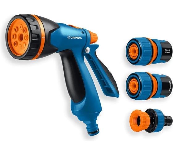 Изображение товара Набор поливочный GRINDA PROLine B-834 пистолет поливочный B-8, коннектор 3/4, конектор 3/4 с автостопом, адаптер с внутренней резьбой 1/2x3/4 429113