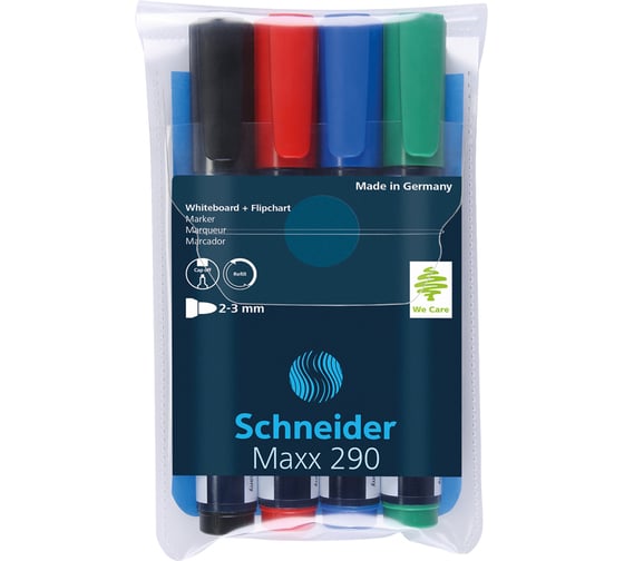Изображение товара Набор маркеров для белых досок и флипчартов Schneider Maxx 290 4 цвета, пулевидный, 3 мм 129094