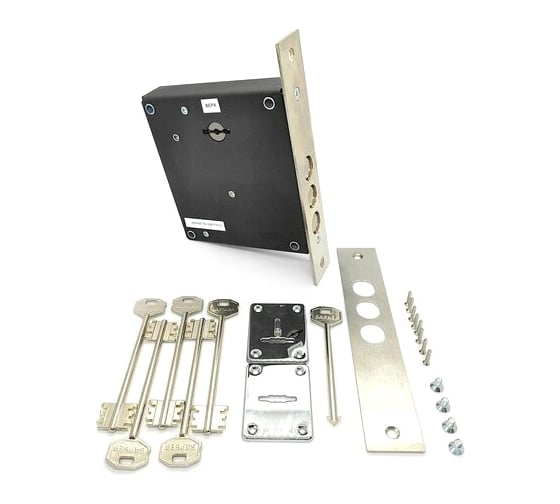 Изображение товара Замок Поливектор "Барьер-Премьер" бексет 63 мм, правый, лицевая планка,монтажный ключ, хром, длина ключа 85 4607154470367