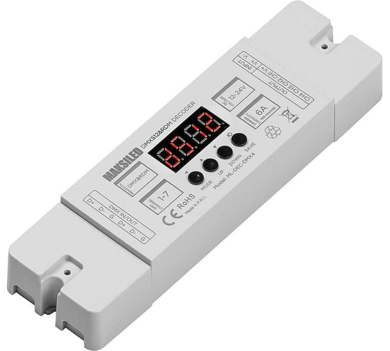 Изображение товара Декодер MAKSILED 12-24В, 4 канала, 6A, IP20, пластик, 162x46x23мм ML-DEC-DMX4