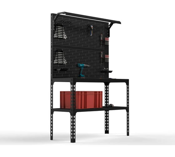 Изображение товара Стол-верстак ООО Металекс серия SUN 950x1500x400, одна полка + двойная перфопанель с комплектом освещения, чёрный 117471