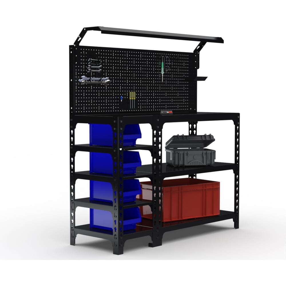 Изображение товара Стол-верстак ООО Металекс серия SUN 950x1800x500 с боковыми полками и освещением черный