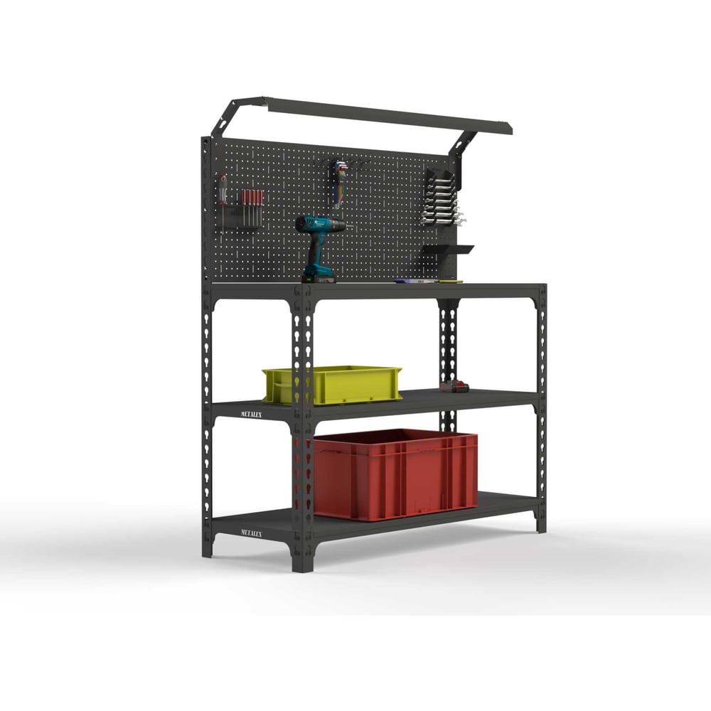 Стол-верстак ООО Металекс серия SUN 950x1200x400, 2-е полки, + перфопанель с комплектом освещения, серый 111957