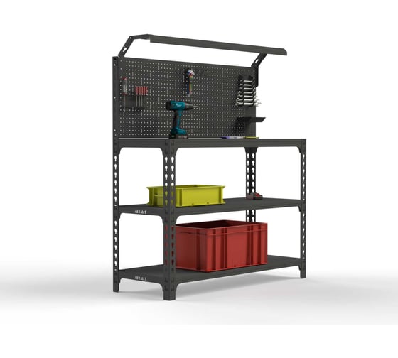 Изображение товара Стол-верстак ООО Металекс серия SUN 950x1500x500, 2-е полки, + перфопанель с комплектом освещения, серый 111969