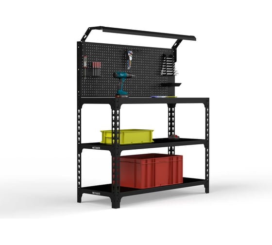 Изображение товара Стол-верстак ООО Металекс серия SUN 950x1500x500, 2-е полки, + перфопанель с комплектом освещения, чёрный 117453