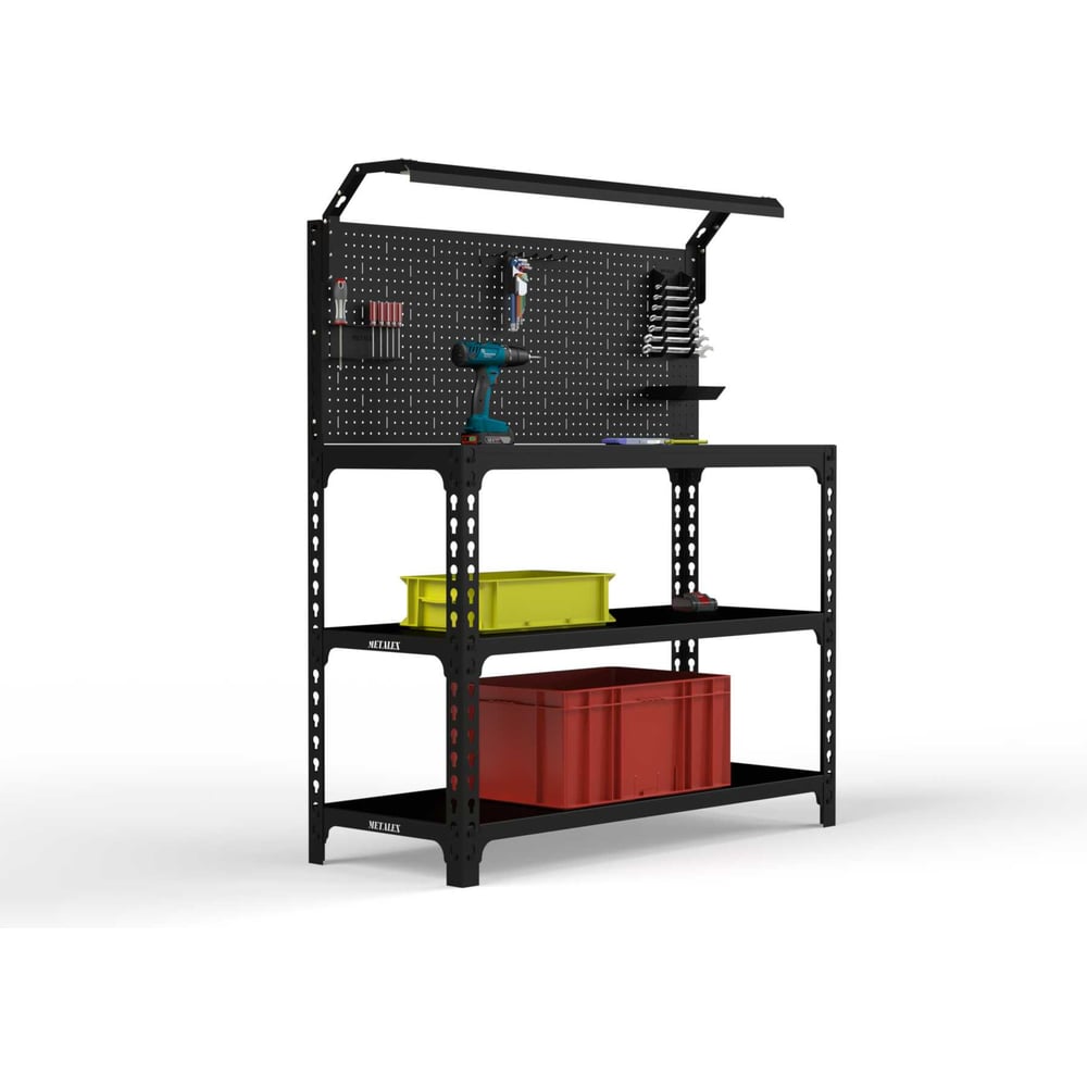 Изображение товара Стол-верстак ООО Металекс серия SUN 950x1200x600, 2-е полки, + перфопанель с комплектом освещения, чёрный 117459