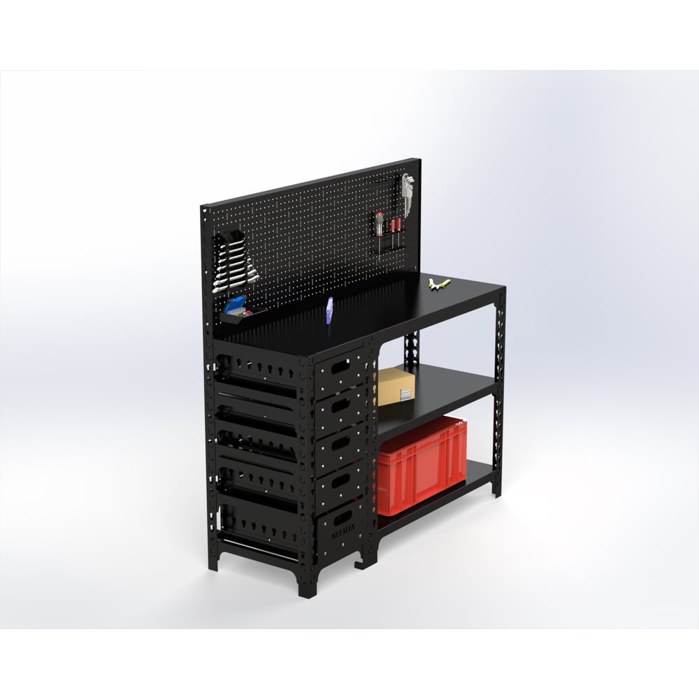 Изображение товара Стол-верстак Металекс с тумбой и перфопанелью черный 950x1600x600